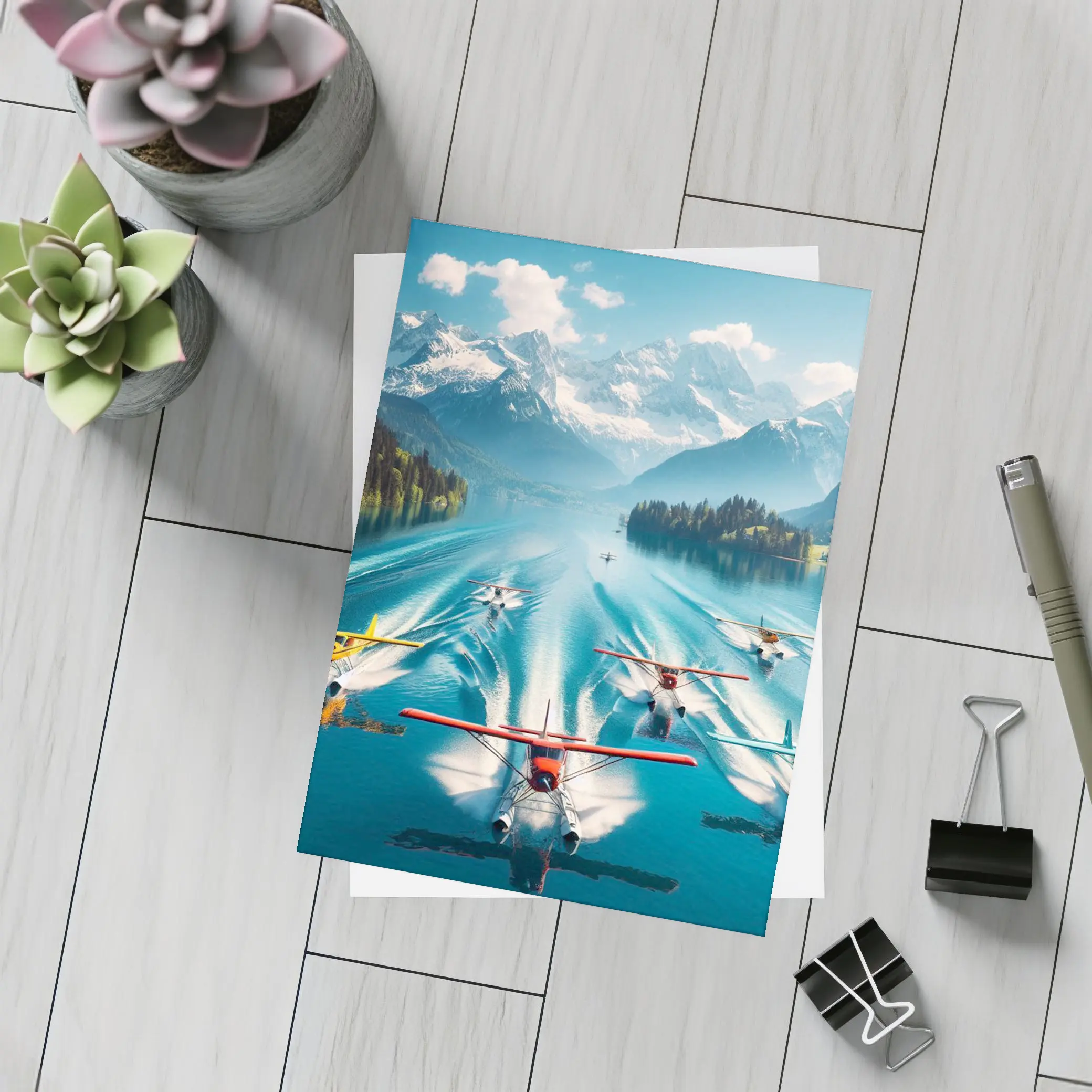 Seaplanes Taking Off Alpine Mountain Lake – Postcards