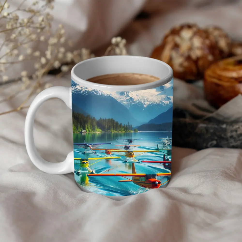 Colorful Seaplanes Floating on Mountain Lake – Mugs