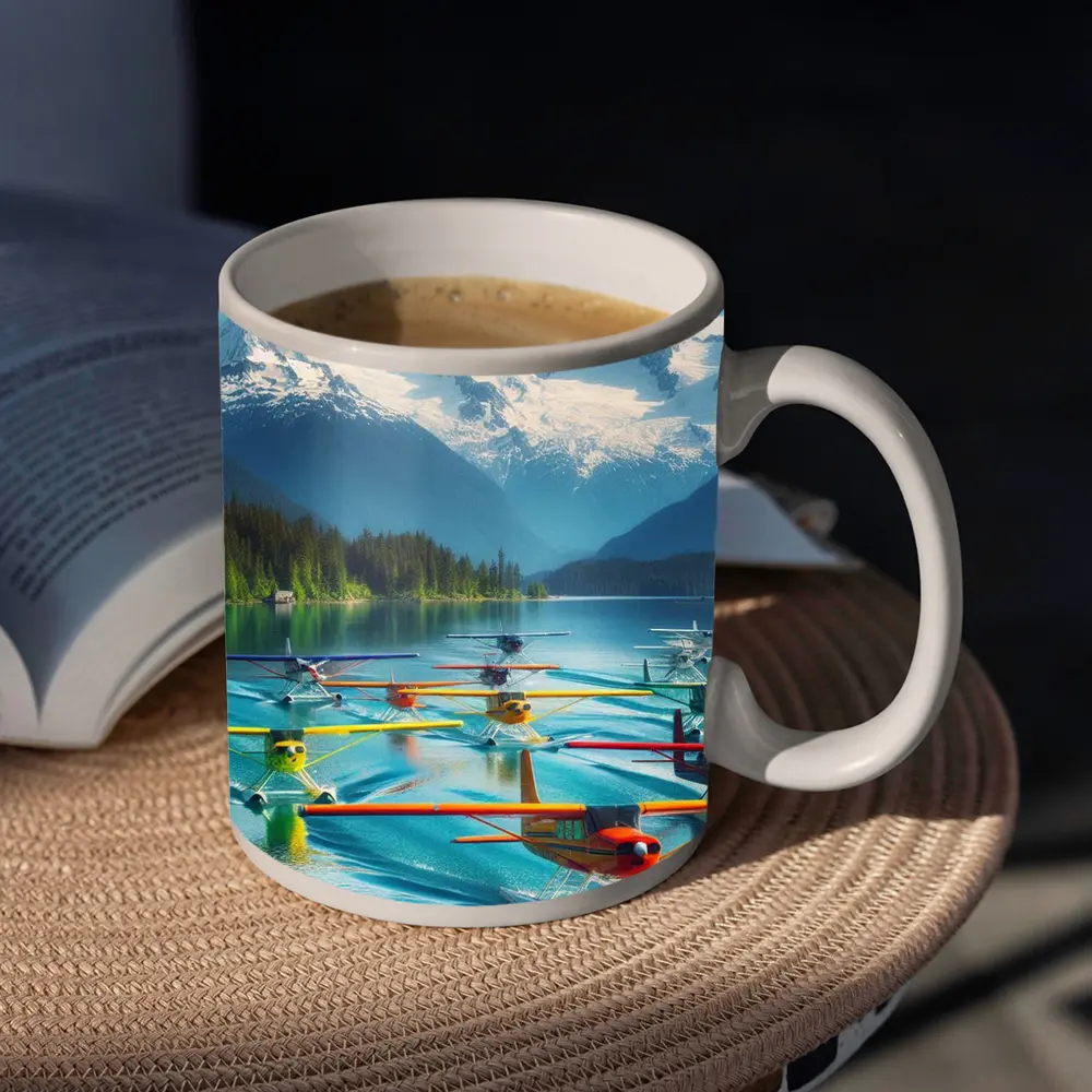 Colorful Seaplanes Floating on Mountain Lake – Mugs