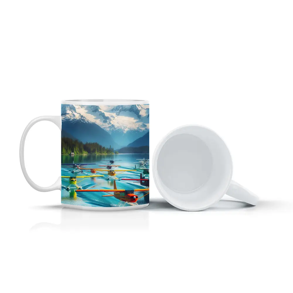 Colorful Seaplanes Floating on Mountain Lake – Mugs