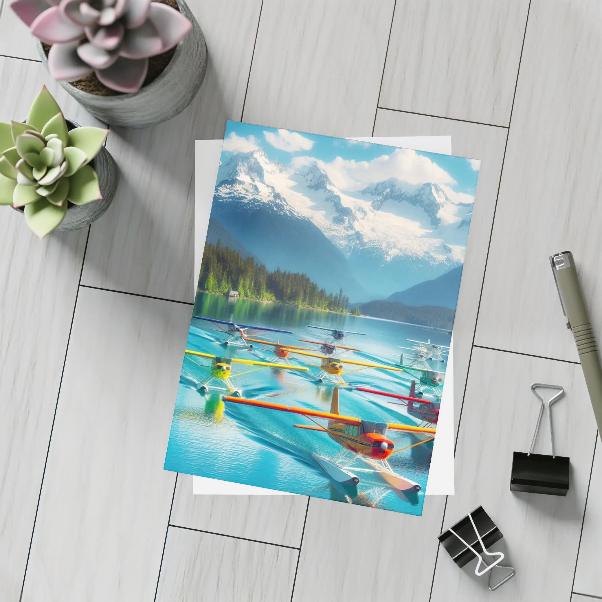 Colorful Seaplanes Floating on Mountain Lake – Postcards