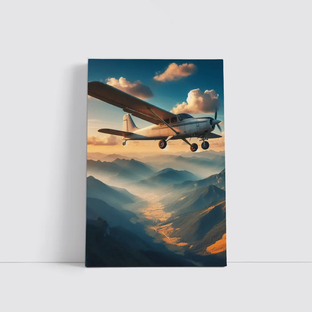 Small Propeller Plane Flying Over Mountains – Wall Art