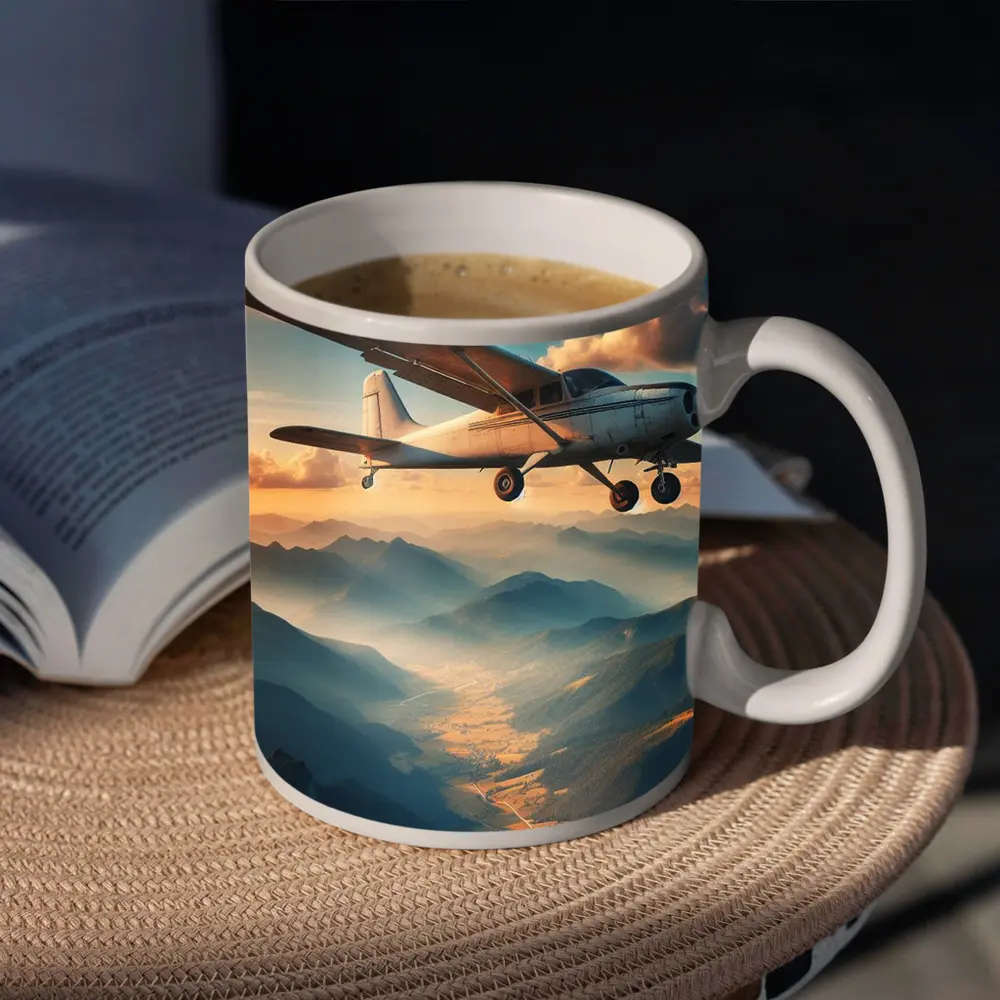 Small Propeller Plane Flying Over Mountains – Mugs
