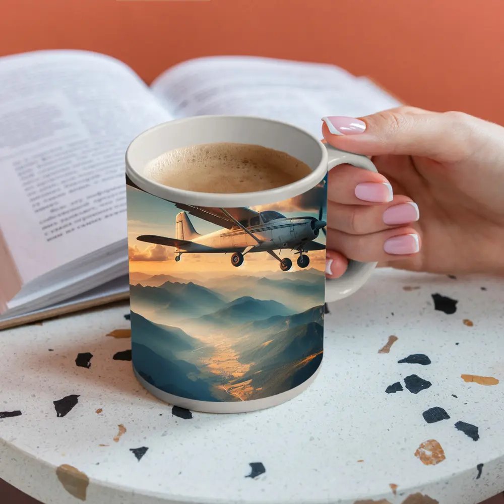 Small Propeller Plane Flying Over Mountains – Mugs