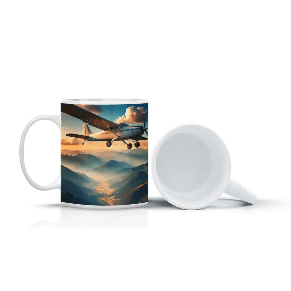 Small Propeller Plane Flying Over Mountains – Mugs