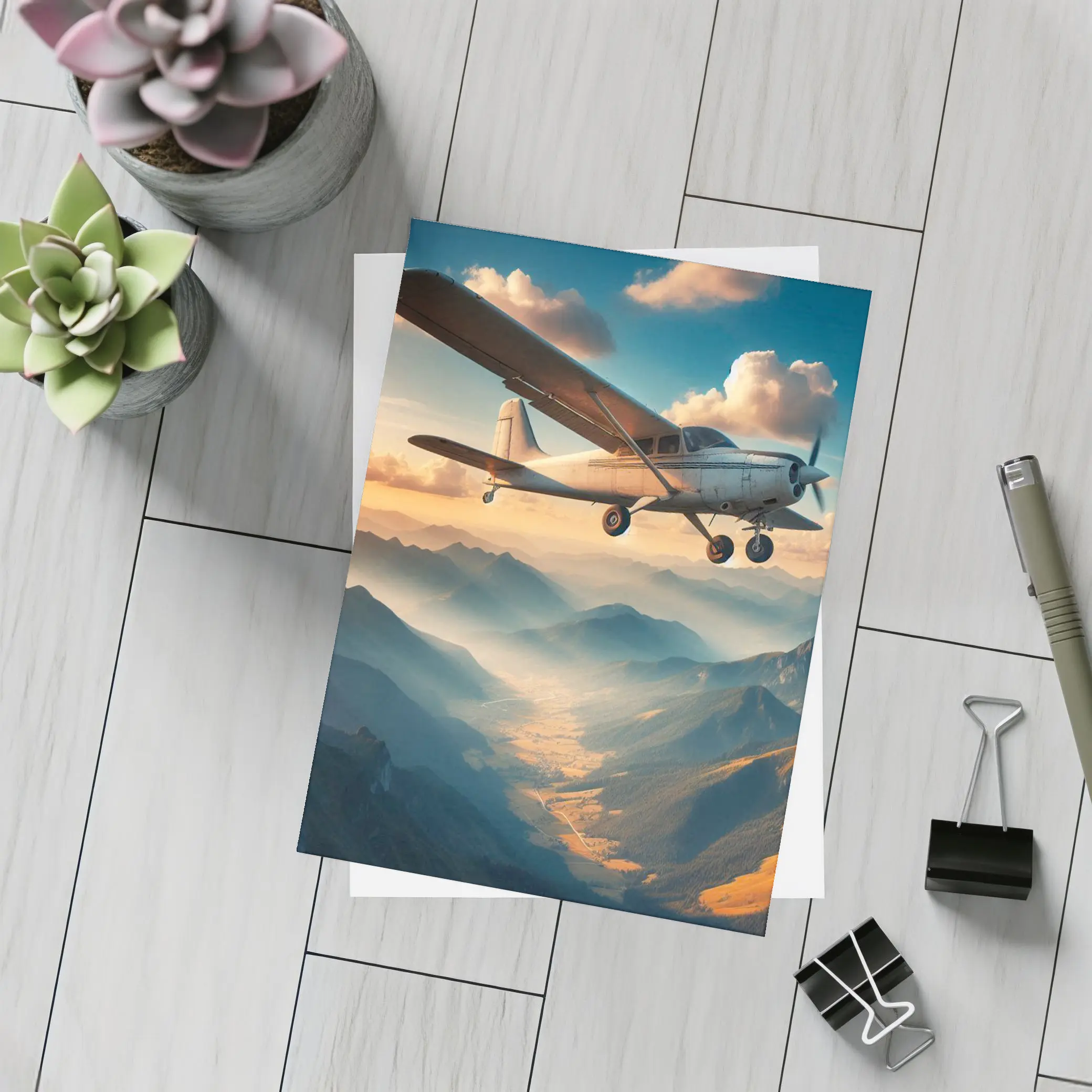 Small Propeller Plane Flying Over Mountains – Postcards