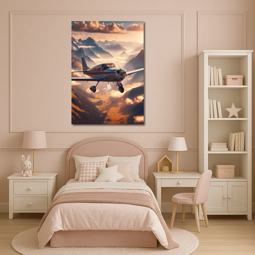 Small Propeller Plane Flying Over Mountains – Wall Art