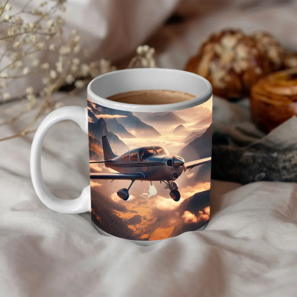 Small Propeller Plane Flying Over Mountains – Mugs