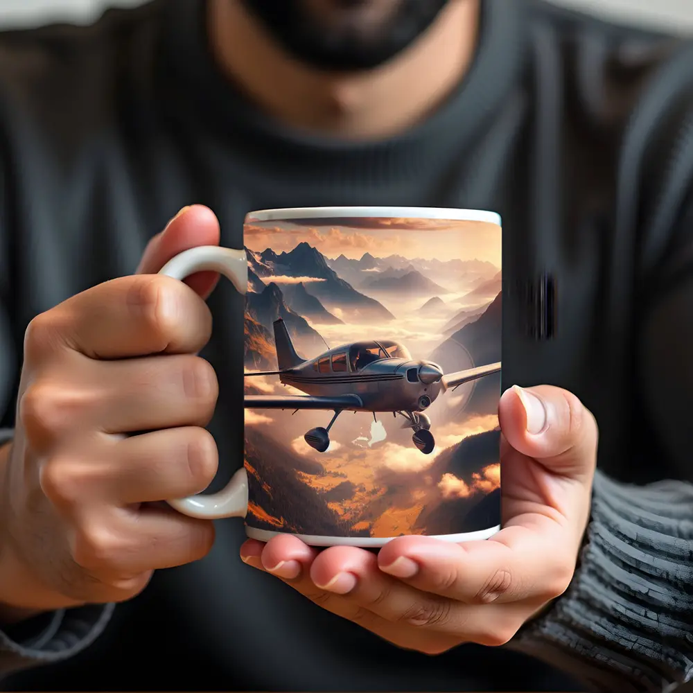 Small Propeller Plane Flying Over Mountains – Mugs