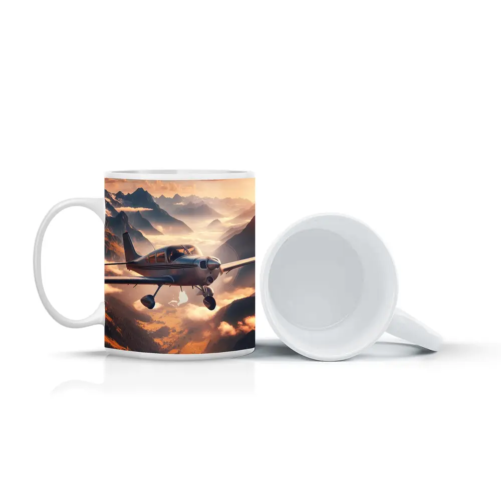 Small Propeller Plane Flying Over Mountains – Mugs
