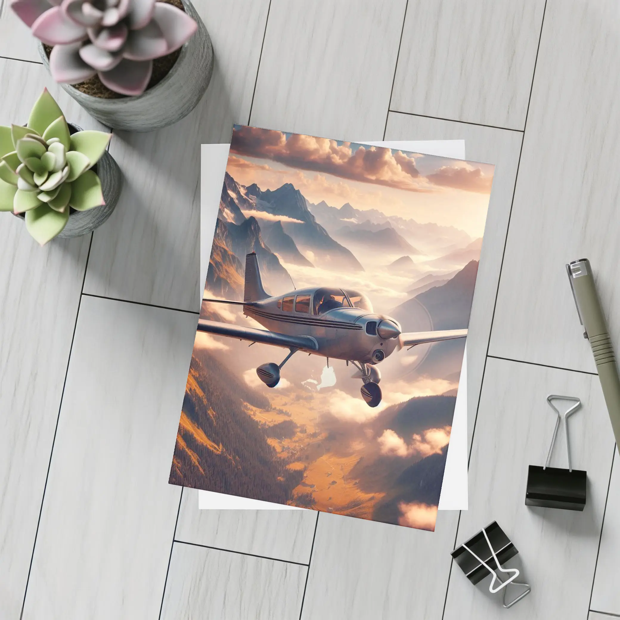 Small Propeller Plane Flying Over Mountains – Postcards