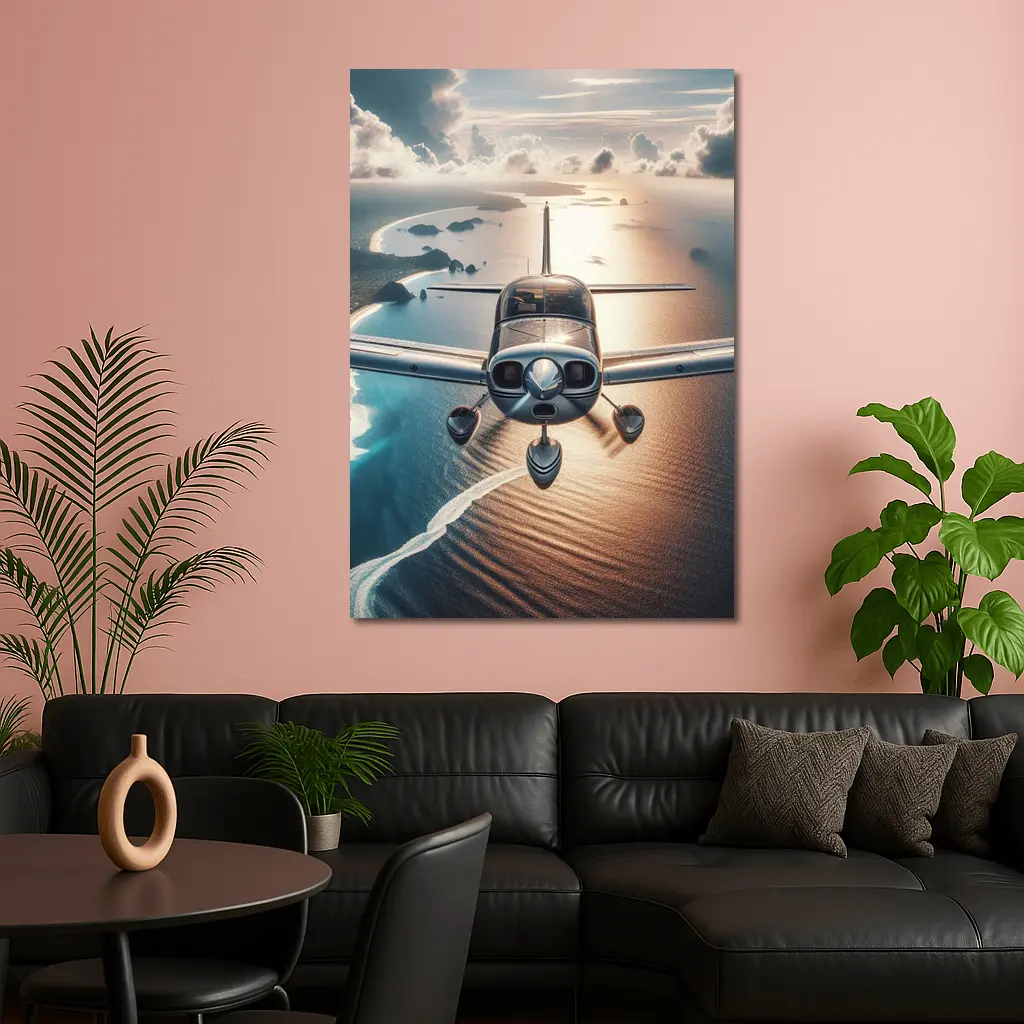 Small Plane Flying Over Coastal Waters – Wall Art