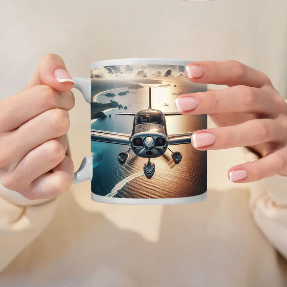 Small Plane Flying Over Coastal Waters – Mugs