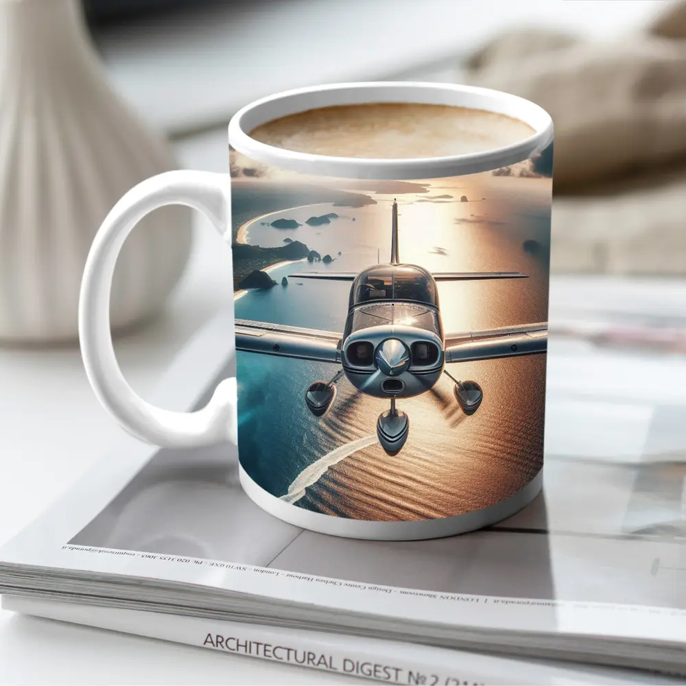Small Plane Flying Over Coastal Waters – Mugs
