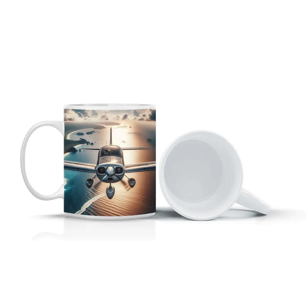 Small Plane Flying Over Coastal Waters – Mugs