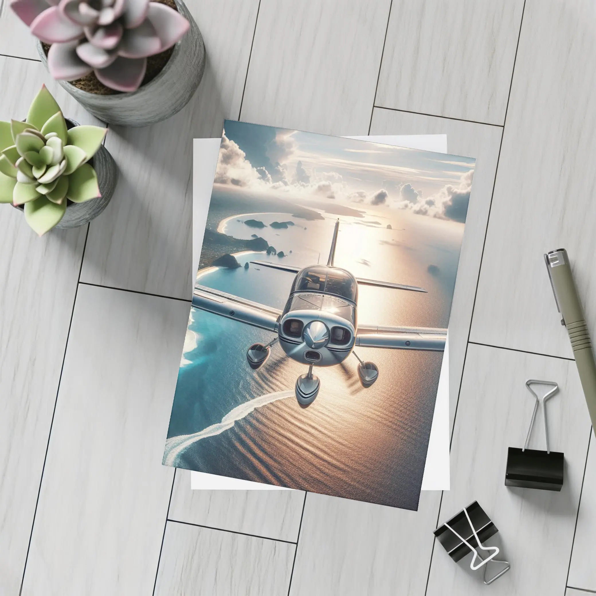 Small Plane Flying Over Coastal Waters – Postcards
