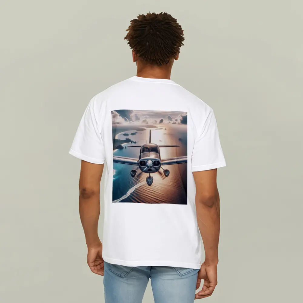 Small Plane Flying Over Coastal Waters – T-Shirts