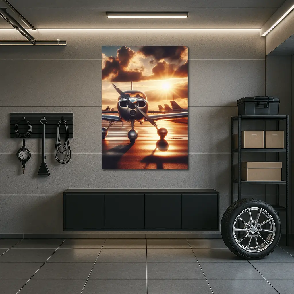 Small Propeller Plane Golden Sunset Tarmac – Wall Art