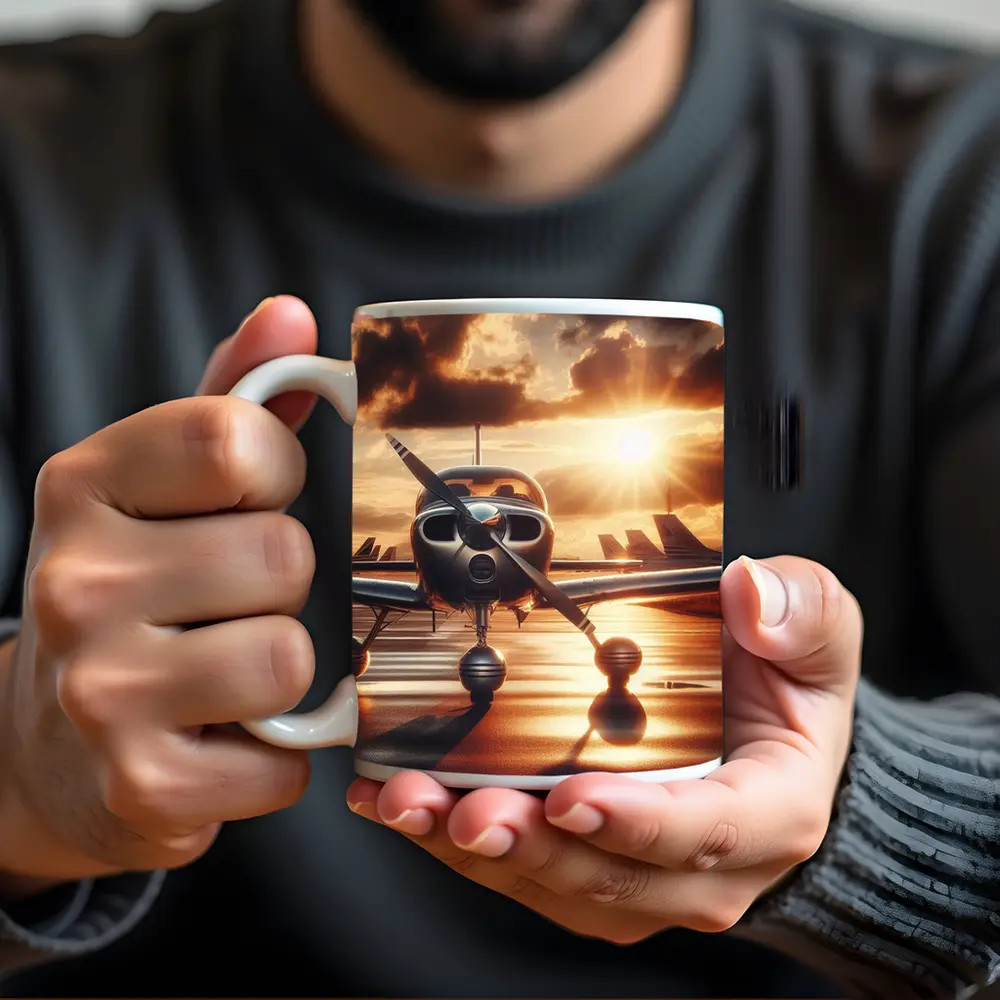 Small Propeller Plane Golden Sunset Tarmac – Mugs