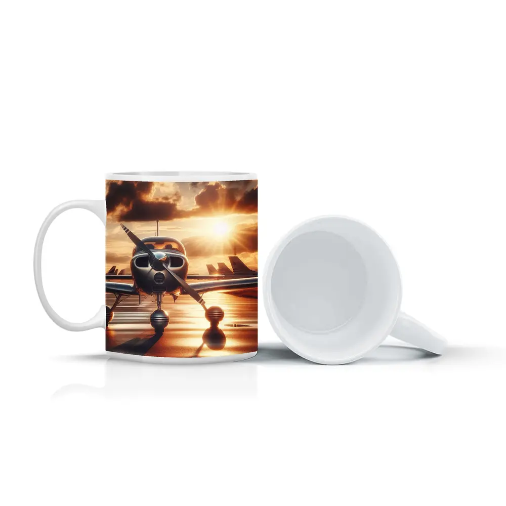Small Propeller Plane Golden Sunset Tarmac – Mugs