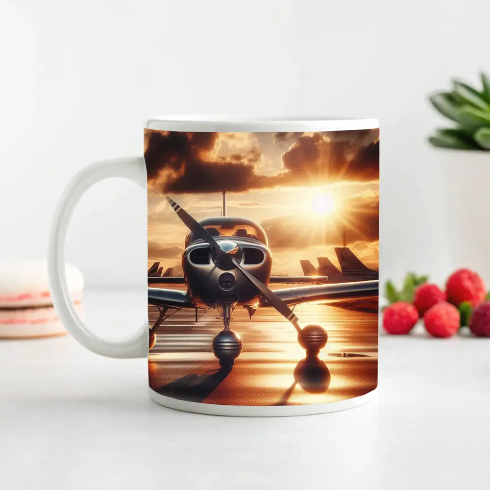 Small Propeller Plane Golden Sunset Tarmac – Mugs