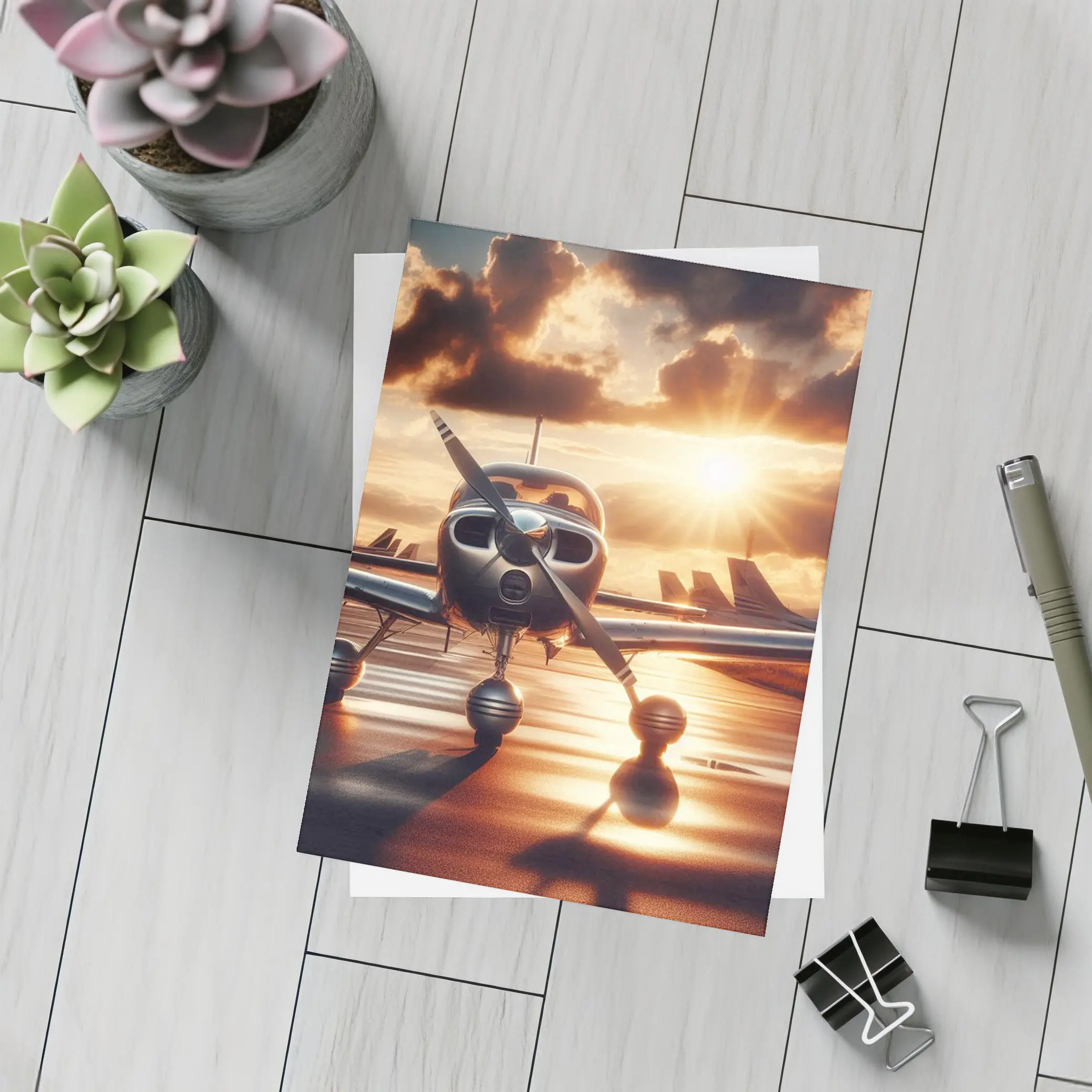 Small Propeller Plane Golden Sunset Tarmac – Postcards