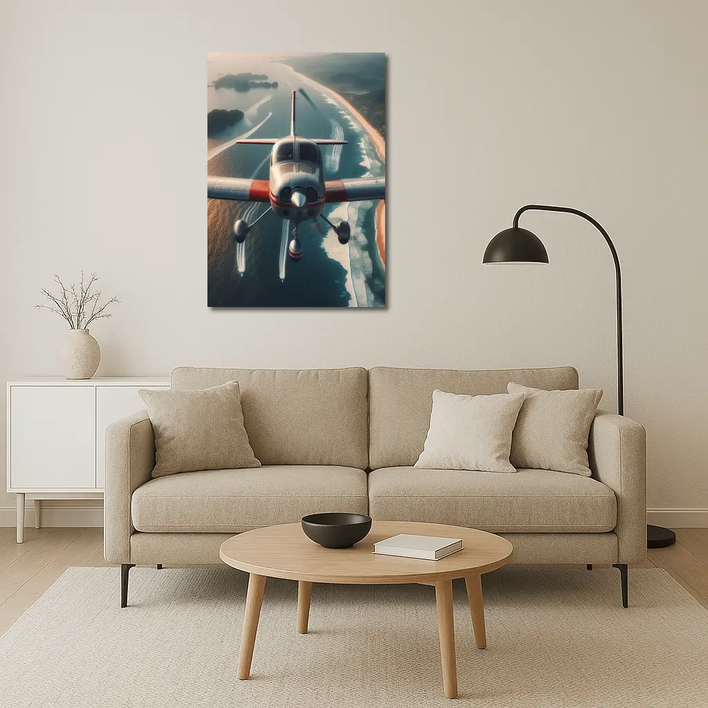 Small Plane Flying Over Coastal Waters – Wall Art