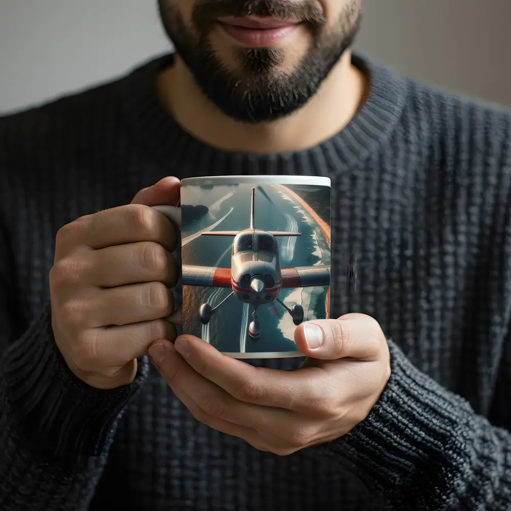 Small Plane Flying Over Coastal Waters – Mugs