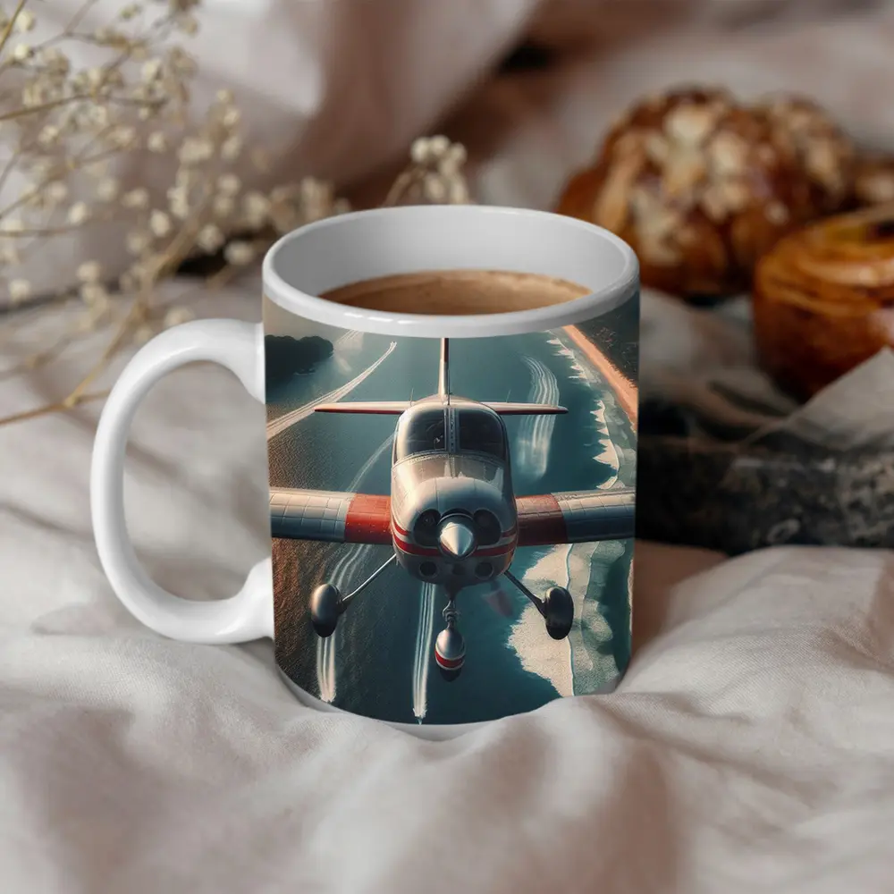 Small Plane Flying Over Coastal Waters – Mugs
