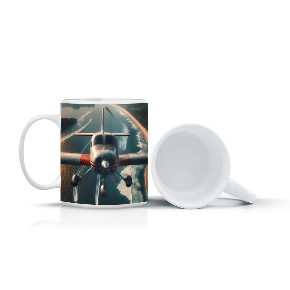 Small Plane Flying Over Coastal Waters – Mugs