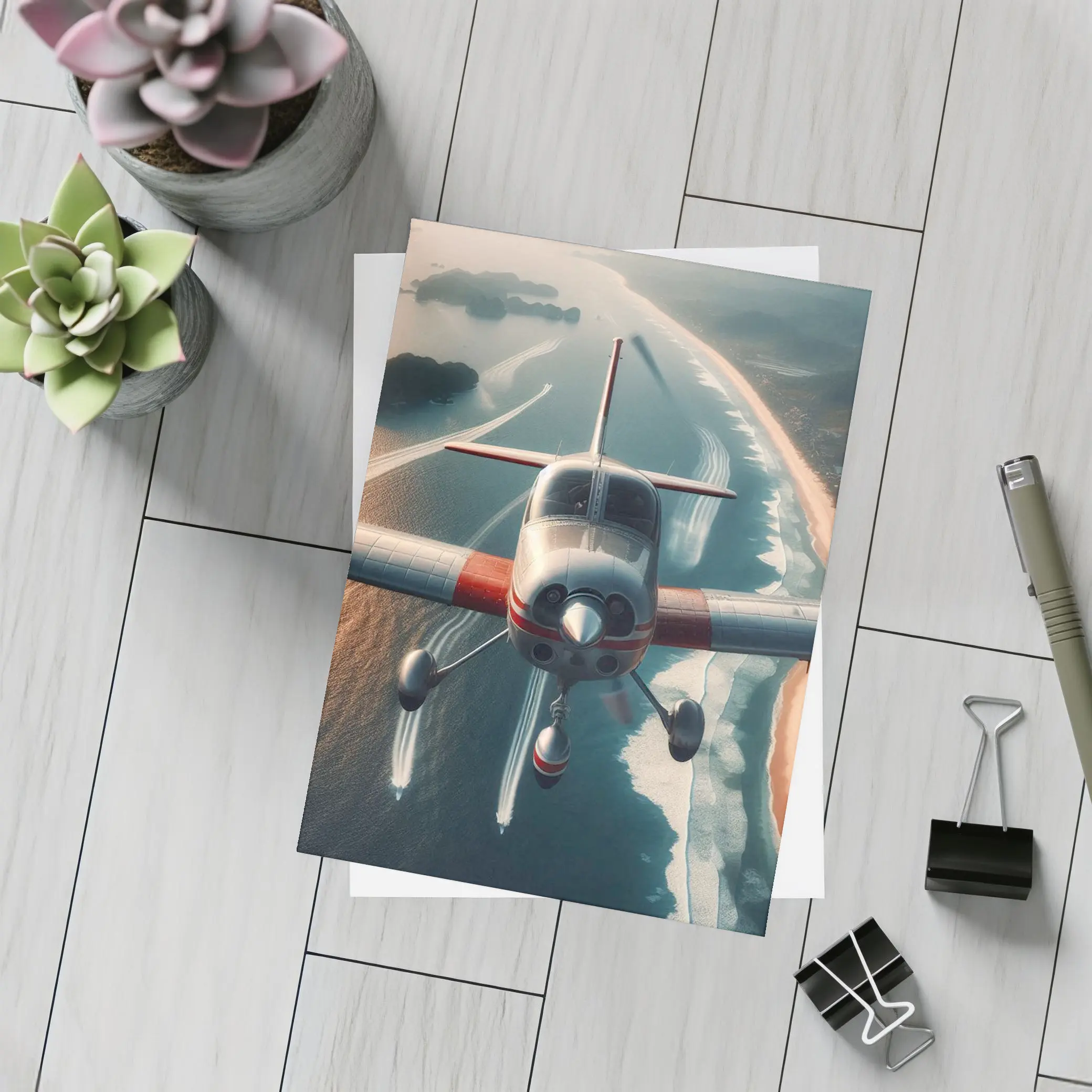 Small Plane Flying Over Coastal Waters – Postcards