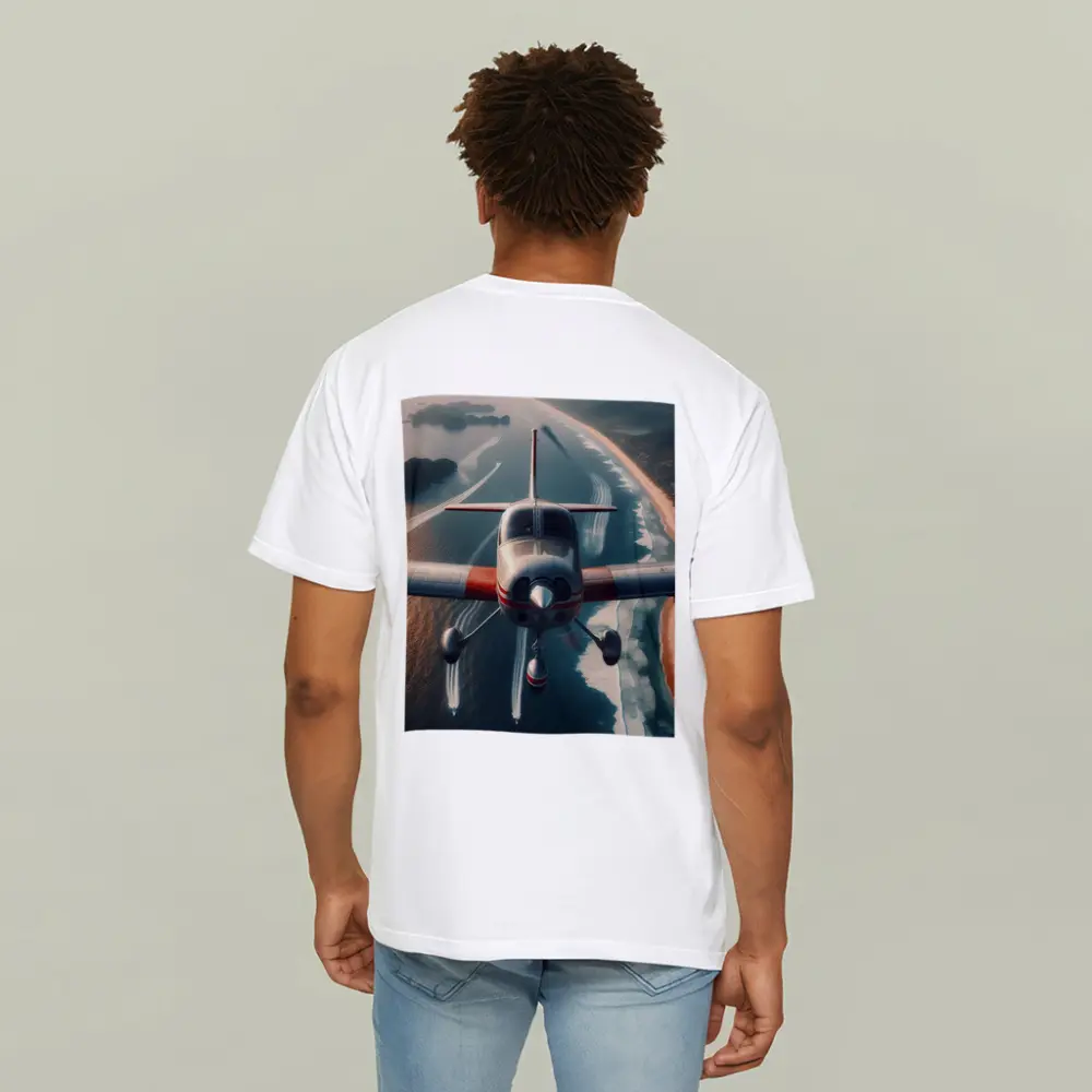 Small Plane Flying Over Coastal Waters – T-Shirts