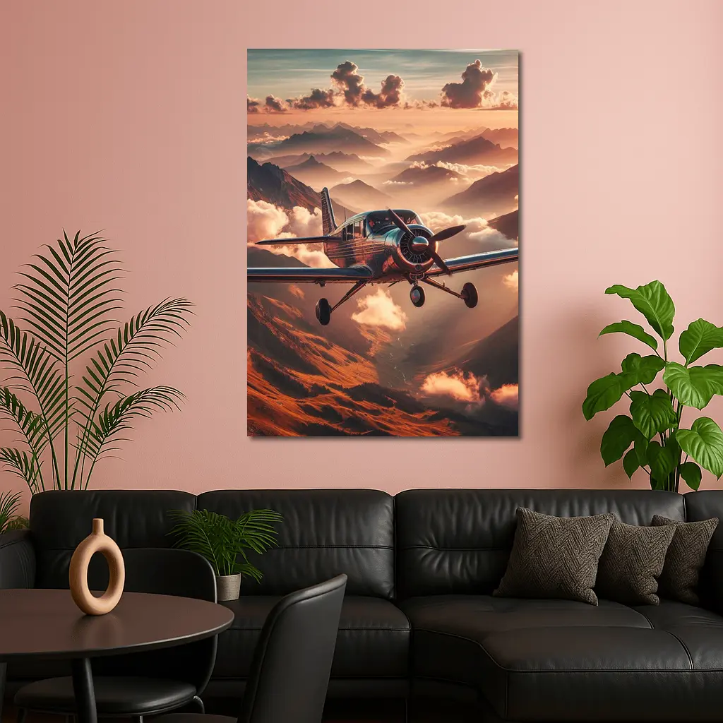 Propeller Plane Flying Over Mountain Sunset – Wall Art