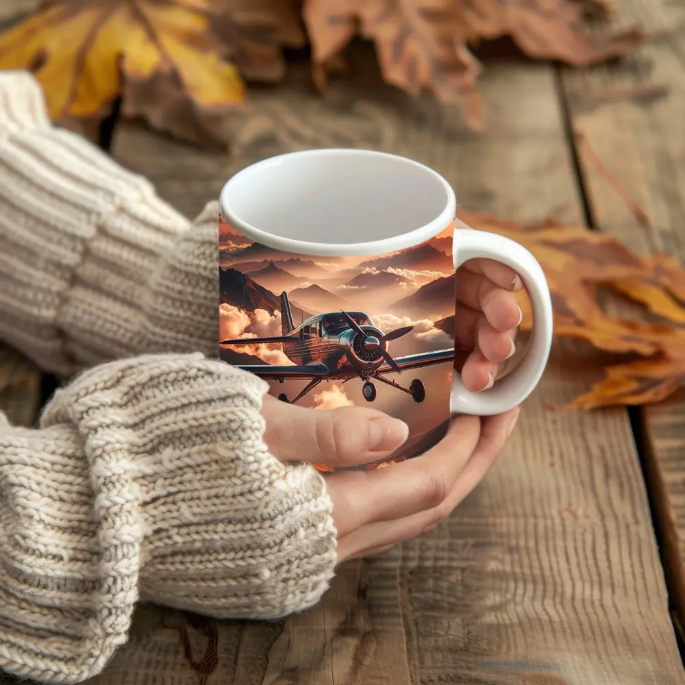 Propeller Plane Flying Over Mountain Sunset – Mugs