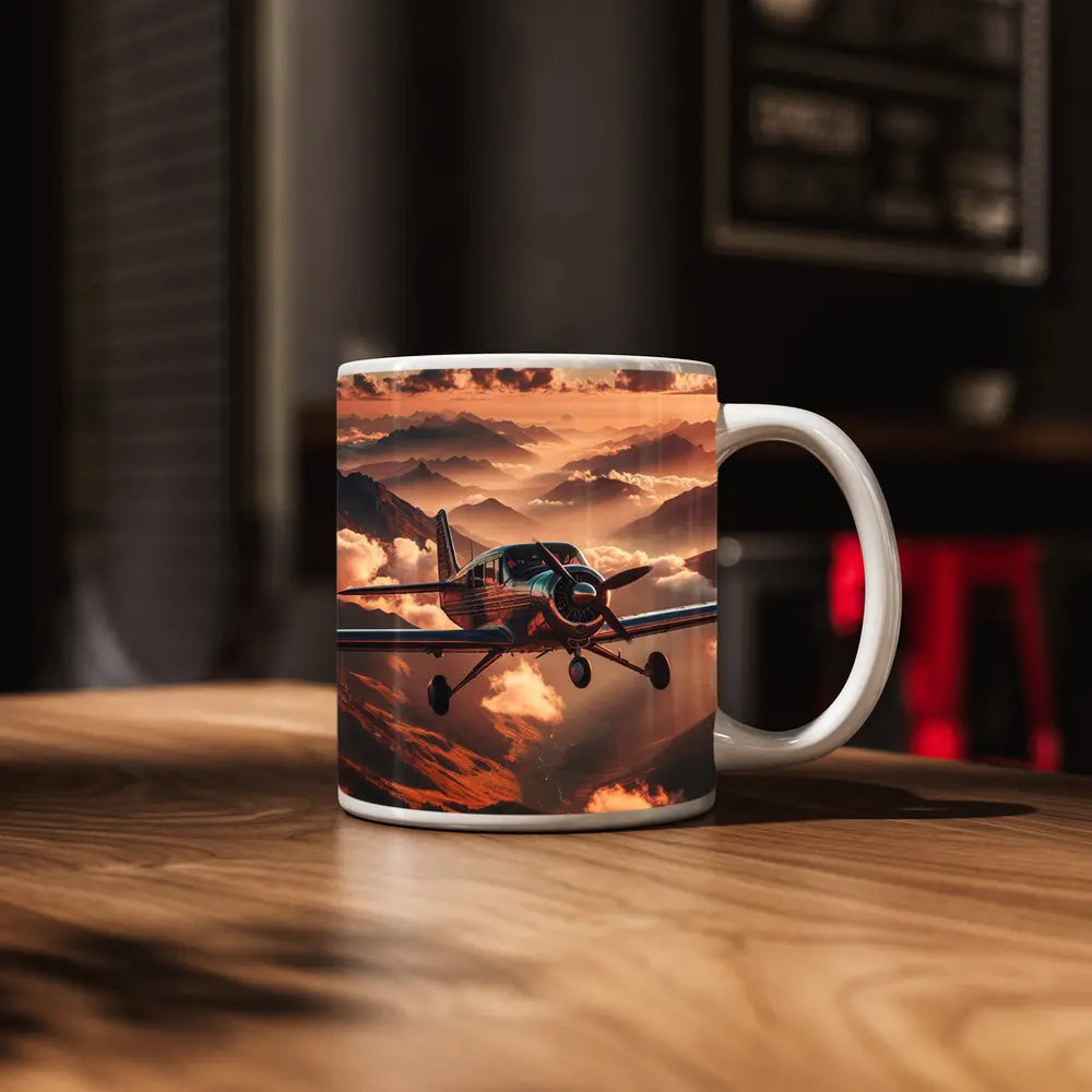 Propeller Plane Flying Over Mountain Sunset – Mugs