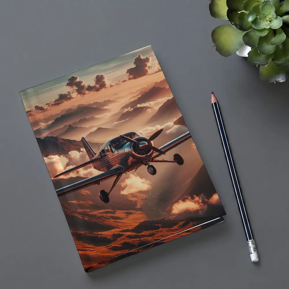 Propeller Plane Flying Over Mountain Sunset – Notebooks