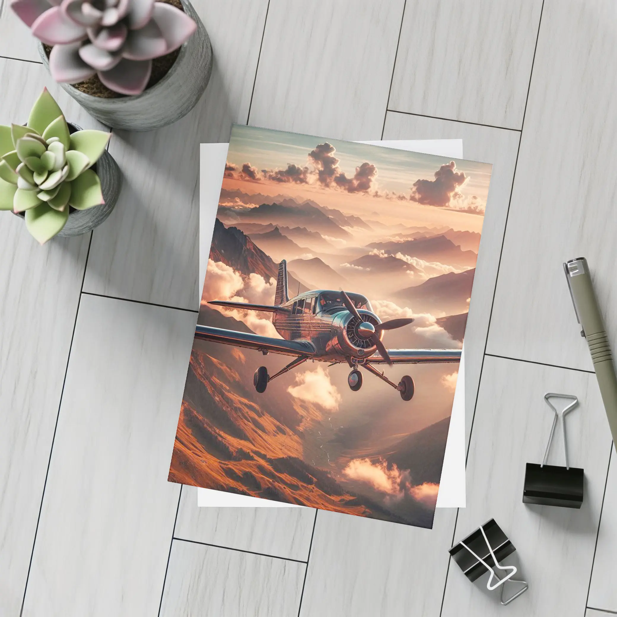 Propeller Plane Flying Over Mountain Sunset – Postcards