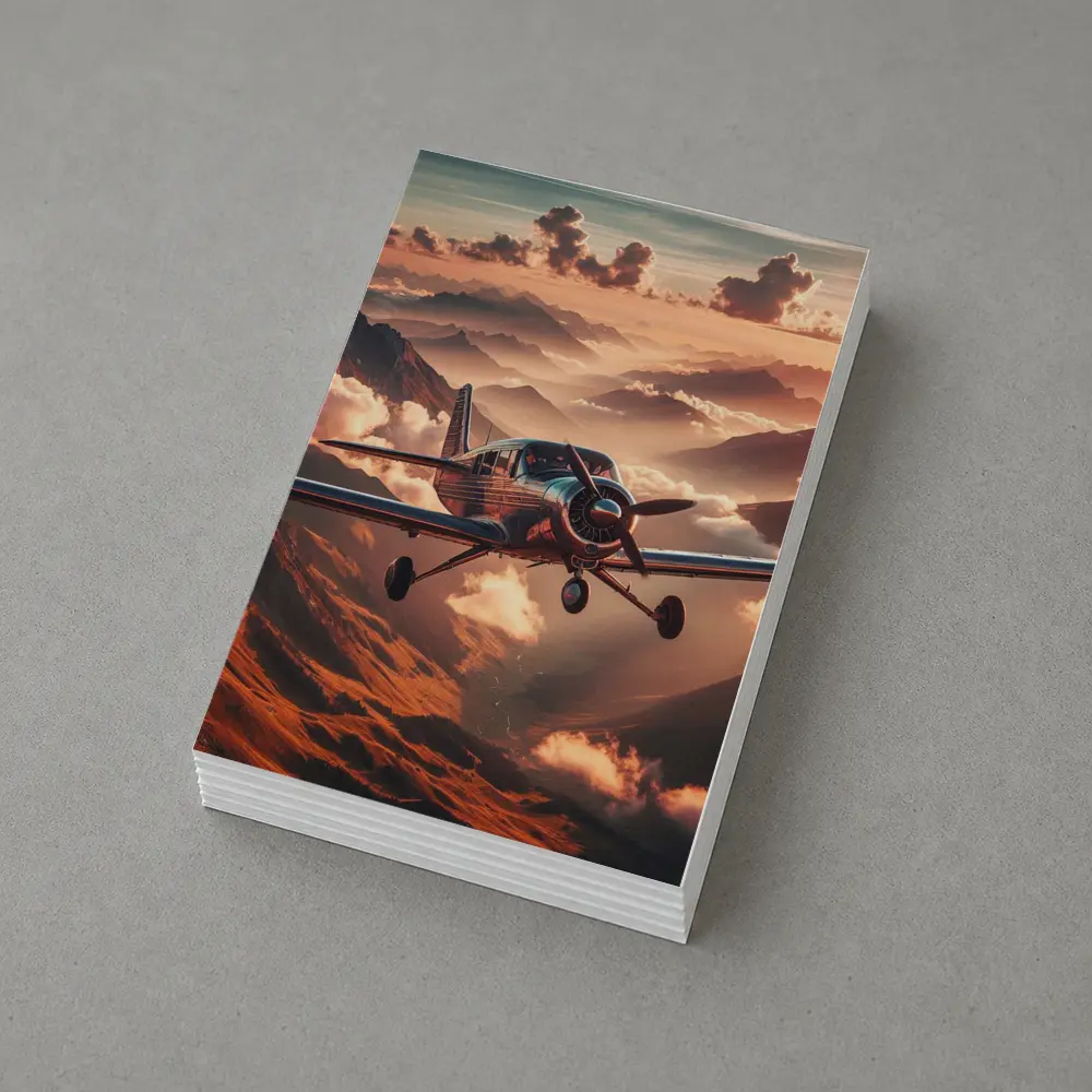 Propeller Plane Flying Over Mountain Sunset – Postcards