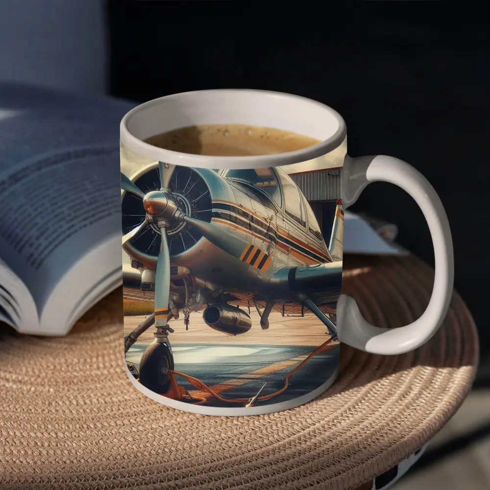 Vintage Propeller Plane Parked At Airfield – Mugs