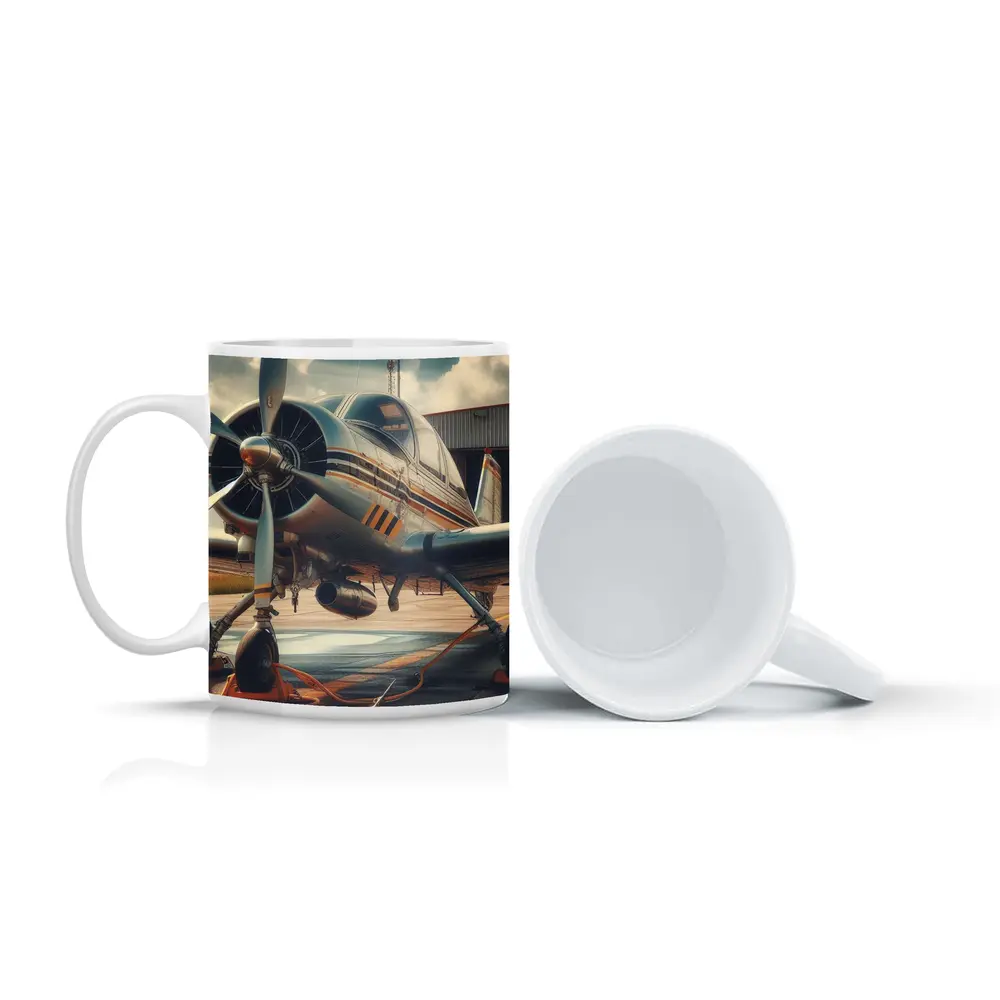 Vintage Propeller Plane Parked At Airfield – Mugs