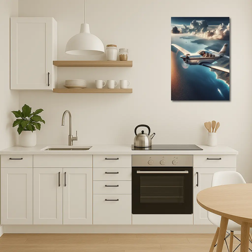 Small Propeller Plane Flying Over Coastal Islands – Wall Art