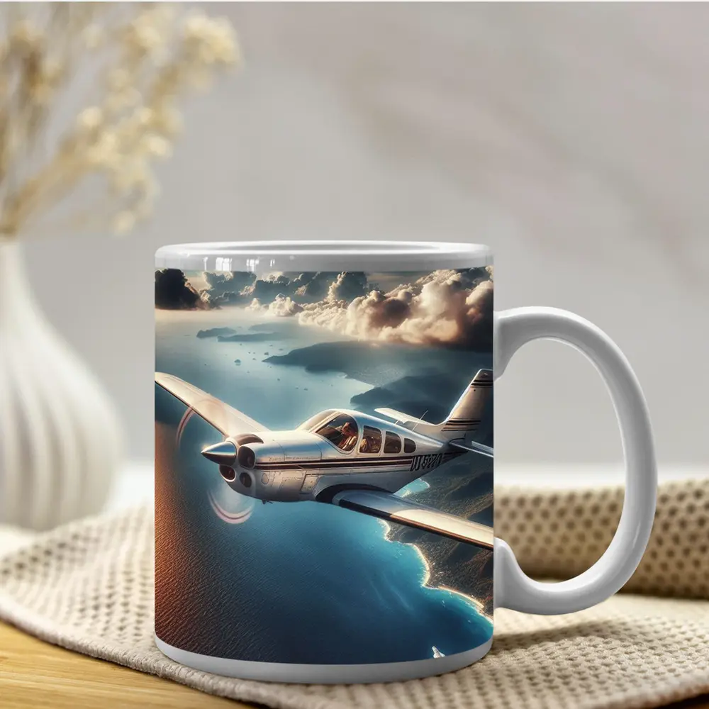 Small Propeller Plane Flying Over Coastal Islands – Mugs
