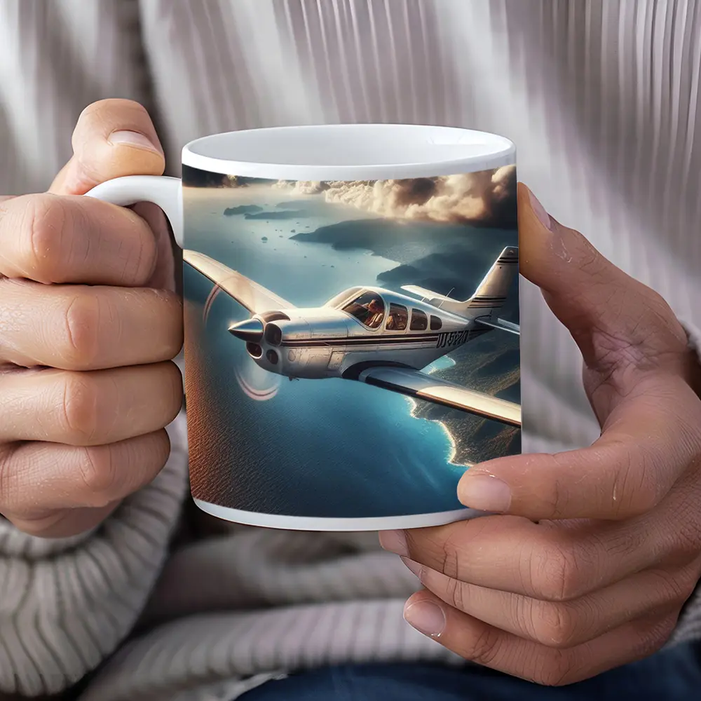 Small Propeller Plane Flying Over Coastal Islands – Mugs