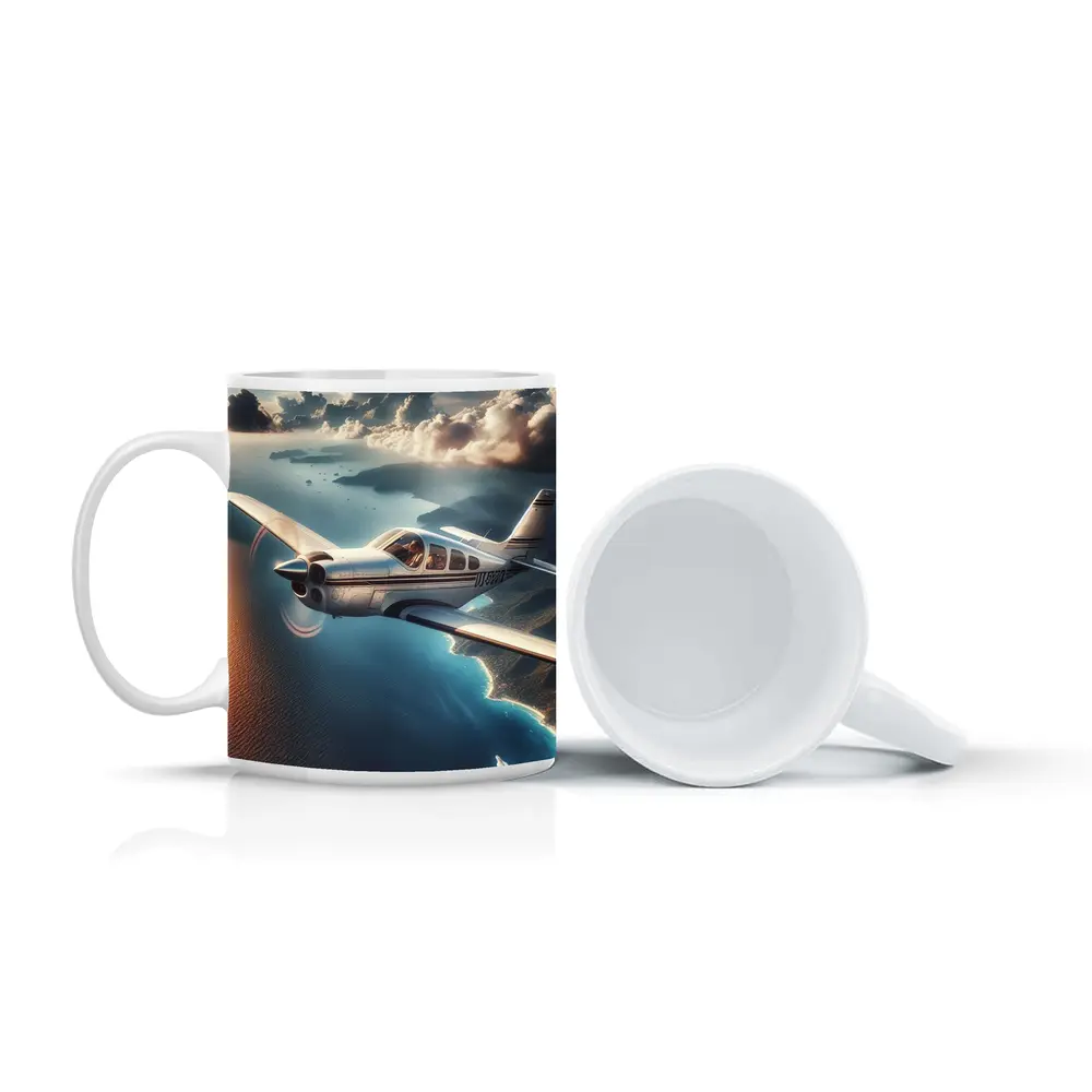 Small Propeller Plane Flying Over Coastal Islands – Mugs