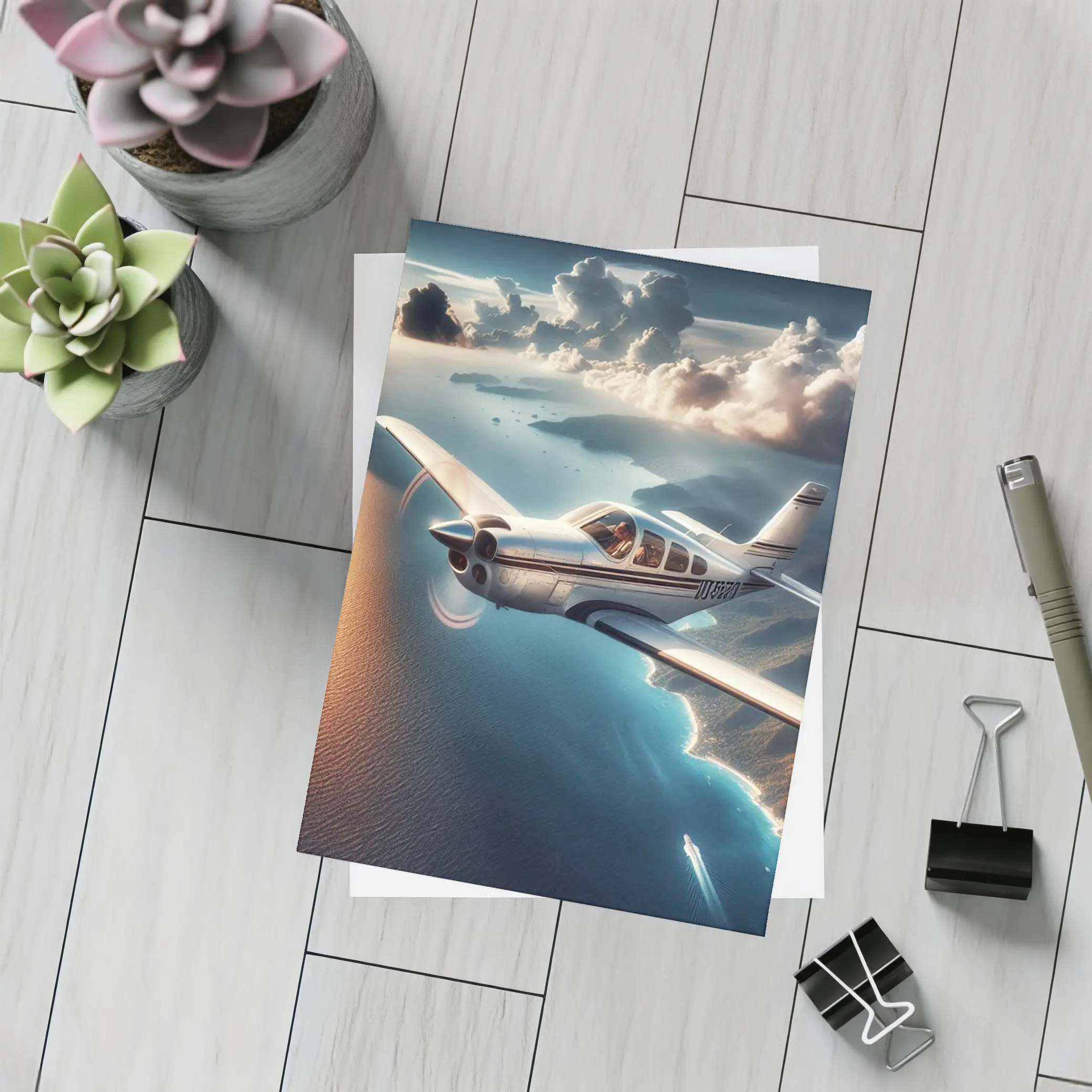 Small Propeller Plane Flying Over Coastal Islands – Postcards