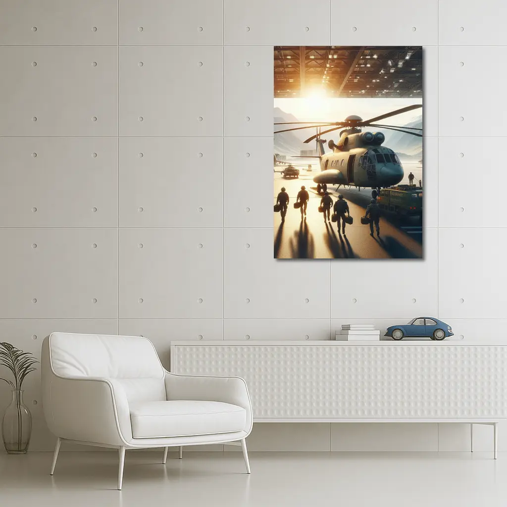 Military Helicopter Crew Hangar Sunlight Scene – Wall Art