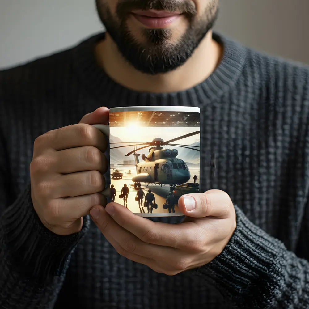 Military Helicopter Crew Hangar Sunlight Scene – Mugs