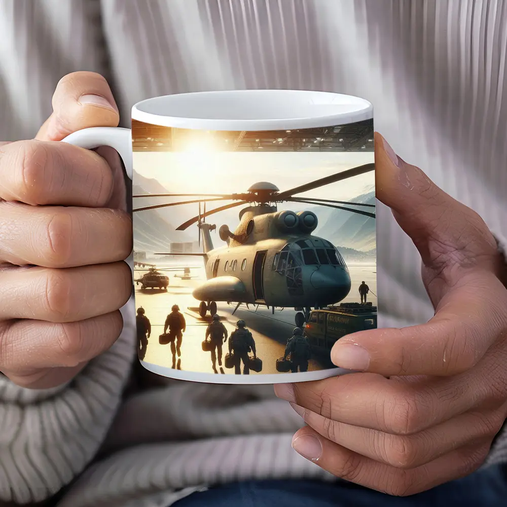 Military Helicopter Crew Hangar Sunlight Scene – Mugs