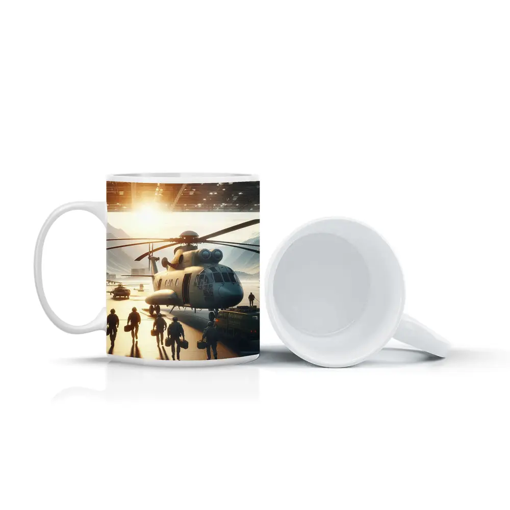 Military Helicopter Crew Hangar Sunlight Scene – Mugs