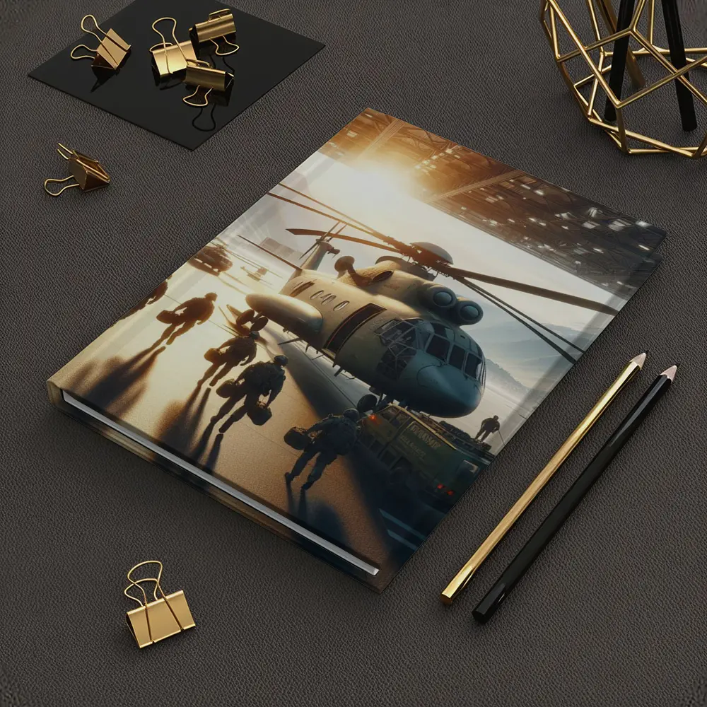 Military Helicopter Crew Hangar Sunlight Scene – Notebooks
